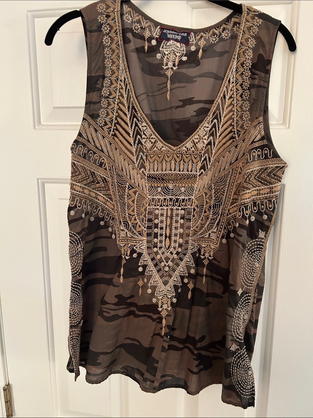 Johnny Was Brown and Tan Embroidered Camo Tank Top
